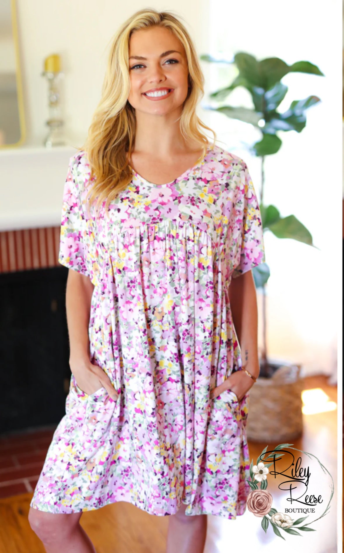 Magenta Floral Loose Pocketed Dress