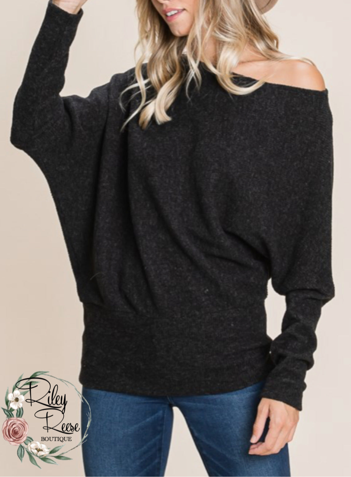 Little Black Sweater Off the Shoulder Top - Curvy