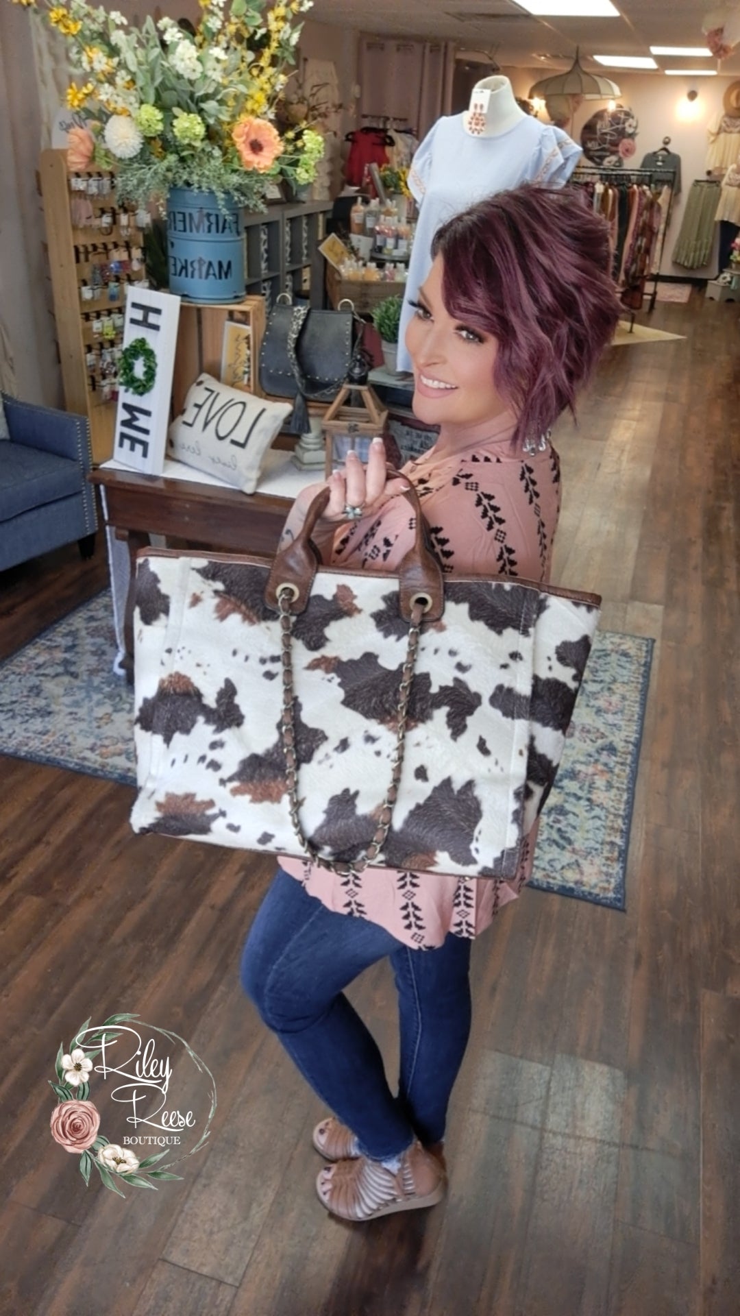 Kristine Moove on Over Cow Print Satchel with Chain Strap