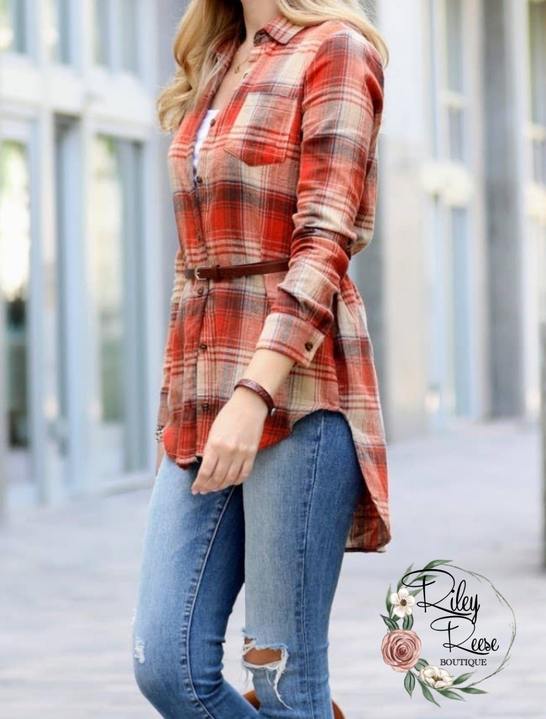 Orange You Plaid to See Me Long Belted Button-Up
