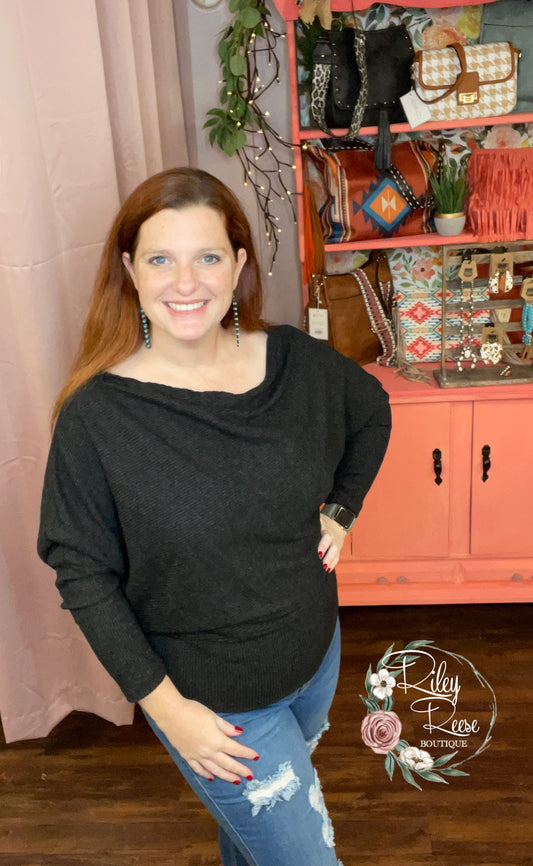 Little Black Sweater Off the Shoulder Top - Curvy