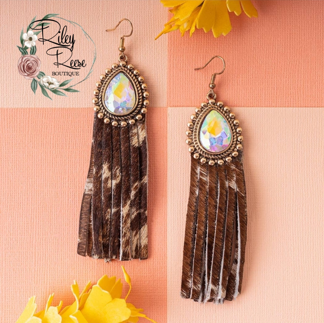 Like A Rhinestone Cowgirl Cowhide Tassel Earrings