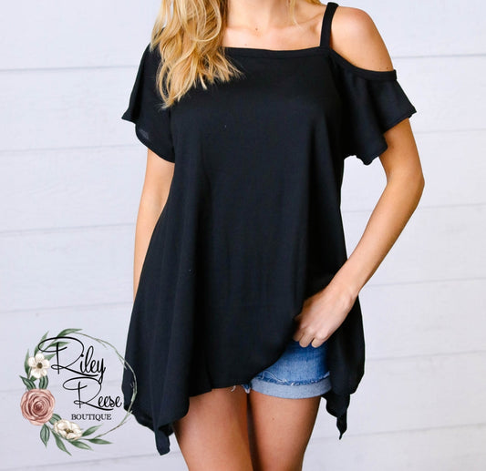 Ready to Begin Black Cold Shoulder Tunic