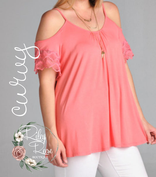 Grace In Lace Coral Cold Shoulder Tunic