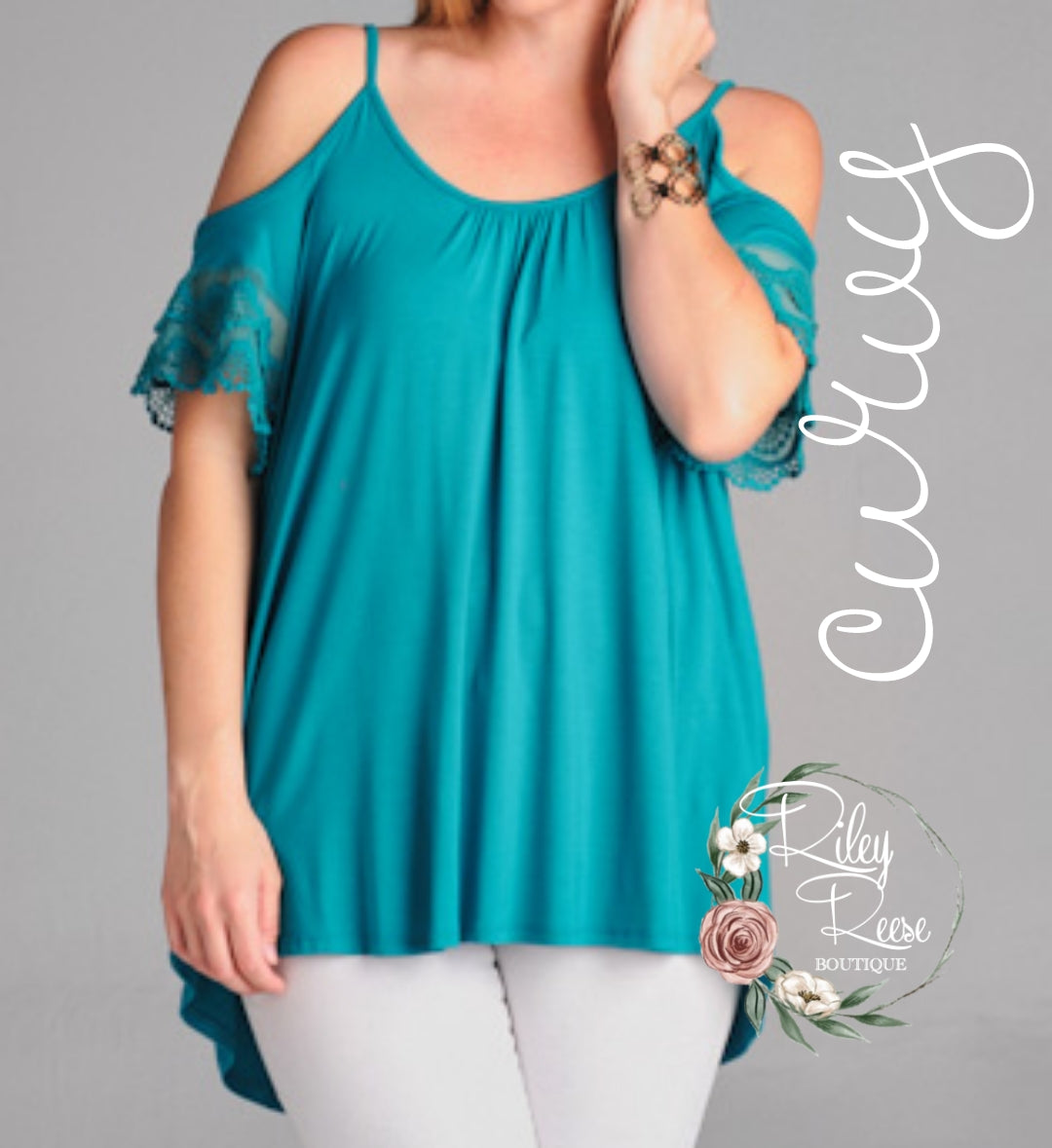 Grace in Lace Teal Cold Shoulder Tunic